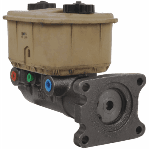 Brake master cylinder with reservoir and fittings.