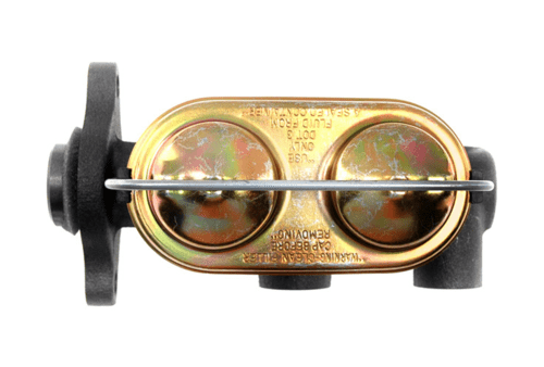 Brake master cylinder, metallic and black components.