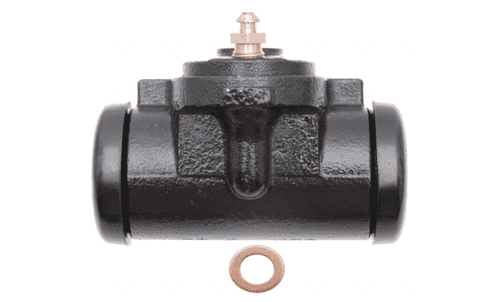 Black mechanical component with a copper washer.