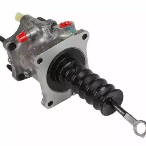 Front angle view of the Hydromax Brake Booster body, focusing on the single eyelet push rod and protective boot assembly.