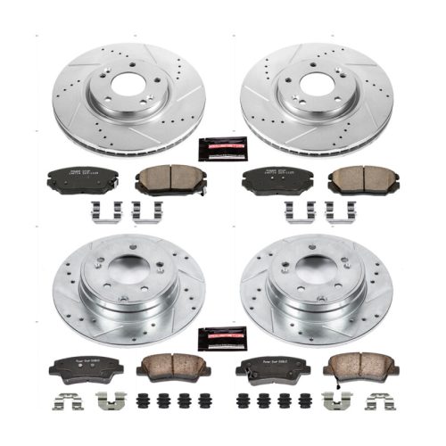 2010-2011 Hyundai Azera Front and Rear Z23 Evolution Brake Upgrade Kit - Heavy-Duty Drilled & Slotted Rotors with Carbon-Fiber Ceramic Brake Pads - Premium Replacement