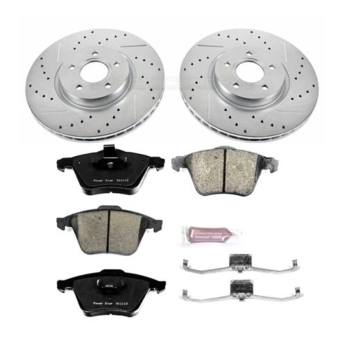 2004-2011 Volvo S40, 2006-2011 Volvo V50 Front Z23 Evolution Sport Brake Upgrade Kit - Heavy Duty Drilled & Slotted Rotors with Carbon-Fiber Ceramic Pads - Premium Replacement