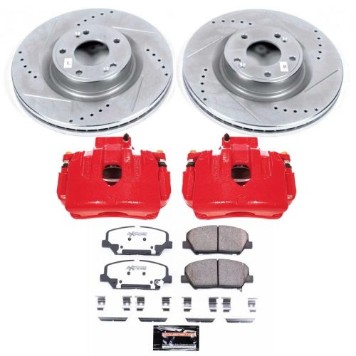 2011-2014 Hyundai Genesis Coupe Front Z26 Street Warrior Brake Upgrade Kit with Drilled & Slotted Rotors, Carbon-Fiber Ceramic Pads, Powder Coated Calipers - Premium Replacement