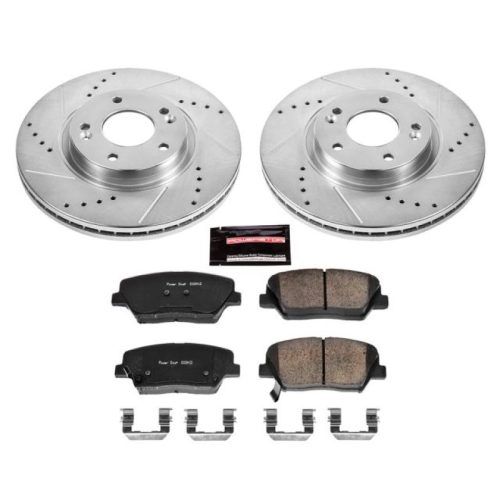 2011-2013 Kia Sorento Front Heavy-Duty Drilled & Slotted Brake Rotor and Carbon-Fiber Ceramic Brake Pad Assembly - Premium Replacement