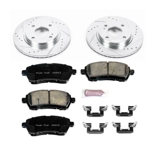 2011-2013 Ford Fiesta Front Z23 Evolution Sport Brake Upgrade Kit - Heavy-Duty Drilled & Slotted Rotors with Carbon-Fiber Ceramic Pads - Premium Replacement