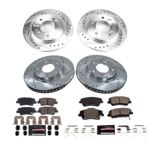 2023-2024 Kia Niro Front and Rear Heavy-Duty Drilled & Slotted Brake Rotor and Carbon-Fiber Ceramic Brake Pad Upgrade - Premium Replacement