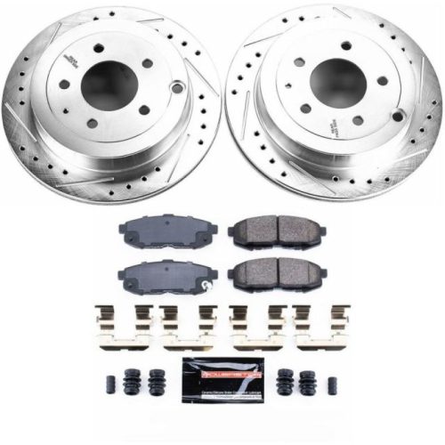 2004-2006 Mazda MPV Rear Brake Rotor and Carbon-Fiber Ceramic Brake Pad Upgrade - Heavy-Duty Drilled & Slotted Performance Brake System by PowerStop Part K4601