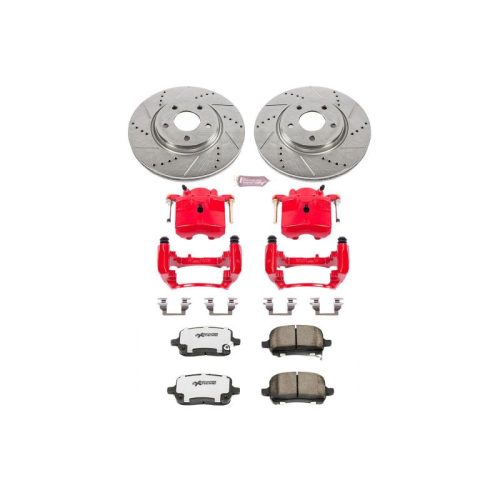 2005-2008 Chevrolet Malibu, 2007-2008 Saturn Aura, 2005-2008 Pontiac G6 Front Z26 Street Warrior Brake Upgrade Kit with Drilled & Slotted Rotors, Carbon-Fiber Ceramic Pads, Powder Coated Calipers - Premium Replacement