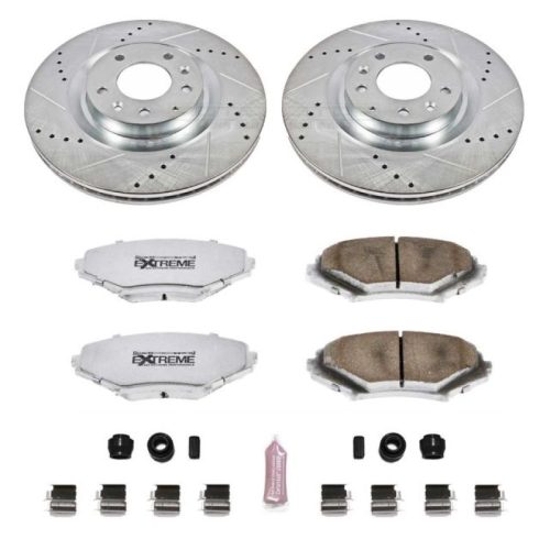 2004-2011 Mazda RX-8 Front Heavy-Duty Drilled & Slotted Brake Rotor and Carbon-Fiber Ceramic Brake Pads - Premium Replacement