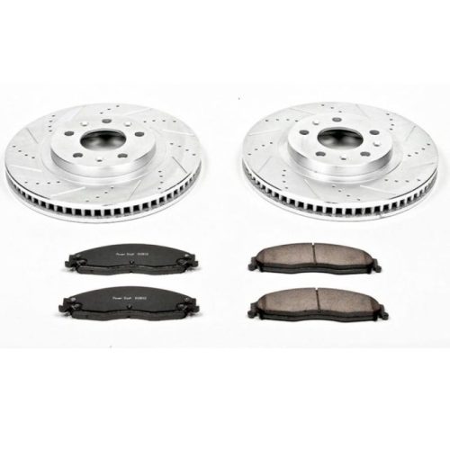 2003-2007 Cadillac CTS Front Brake Rotor and Carbon-Fiber Ceramic Brake Pad Upgrade - Heavy-Duty Drilled & Slotted Performance Brake System - Premium Replacement