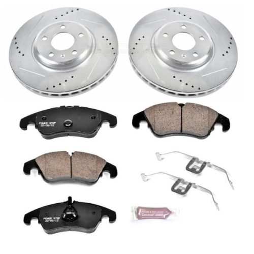 2009-2011 Audi A4 and A5 Front Heavy-Duty Drilled and Slotted Brake Rotors with Carbon-Fiber Ceramic Pads - Premium Replacement