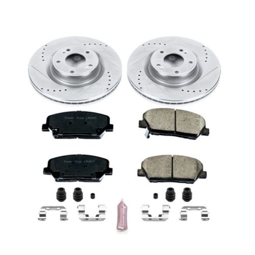 2011-2014 Hyundai Genesis Coupe Front Brake Rotor and Caliper Assembly Upgrade - Heavy-Duty Drilled & Slotted Performance Brake System by PowerStop Part K6169
