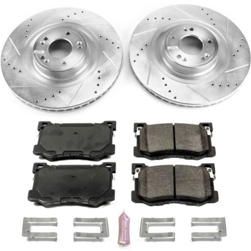 2015-2016 Hyundai Genesis Front Z23 Evolution Sport Brake Upgrade Kit - Premium Heavy-Duty Drilled & Slotted Brake Rotors with Carbon-Fiber Ceramic Pads and Hardware