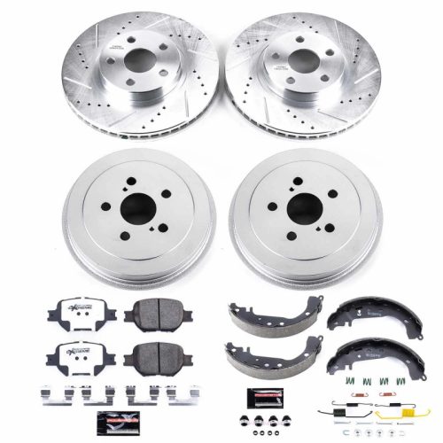 2001-2005 Toyota Celica Front & Rear Z26 Street Warrior Brake Drum Upgrade Kit - Heavy-Duty Drilled & Slotted Rotors, Carbon-Fiber Ceramic Pads, Premium Coated Drums - Premium Replacement