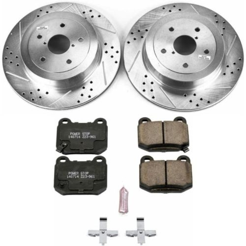 2005-2007 Subaru Impreza Rear Z23 Evolution Sport Brake Upgrade Kit - Heavy-Duty Drilled & Slotted Rotors with Carbon-Fiber Ceramic Brake Pads - Premium Replacement