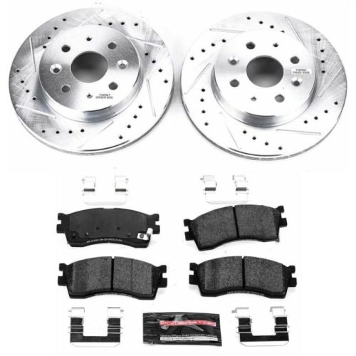 2003-2005 Kia Rio Front Z23 Evolution Sport Brake Kit - Heavy Duty Drilled & Slotted Rotors with Carbon-Fiber Ceramic Pads - Premium Replacement