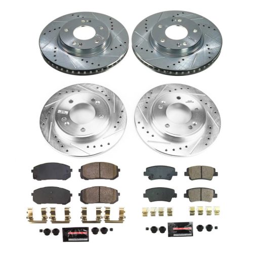 2021-2023 Hyundai Elantra Front & Rear Heavy-Duty Drilled & Slotted Brake Rotor and Carbon-Fiber Ceramic Brake Pad Upgrade - Premium Replacement