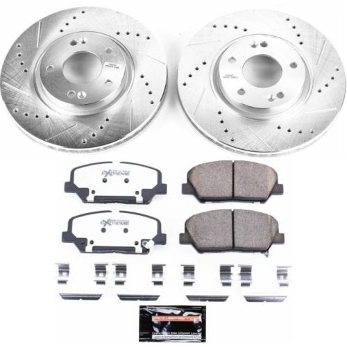 2013-2015 Hyundai Veloster Front Z26 Street Warrior Brake Upgrade Kit - Heavy-Duty Drilled & Slotted Rotors and Carbon-Fiber Ceramic Pads - Premium Replacement