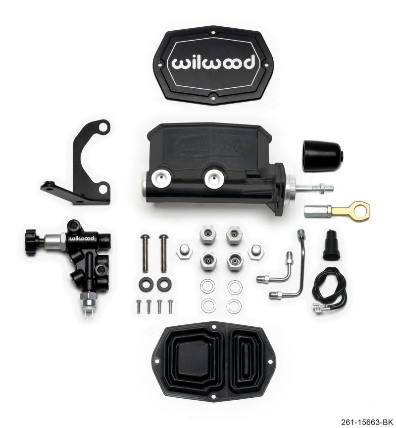 Compact Tandem Master Cylinder - 7/8 Inch Bore with RH Bracket and Valve for Mustang Pushrod - Black
