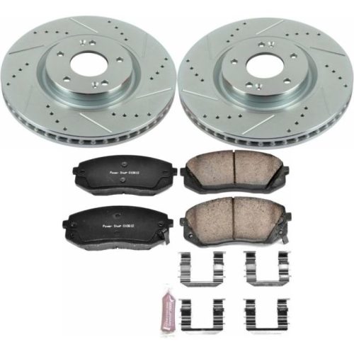 2014-2016 Hyundai Sonata & Kia Cadenza Front Heavy-Duty Drilled & Slotted Brake Rotor and Carbon-Fiber Ceramic Brake Pads - Premium Replacement