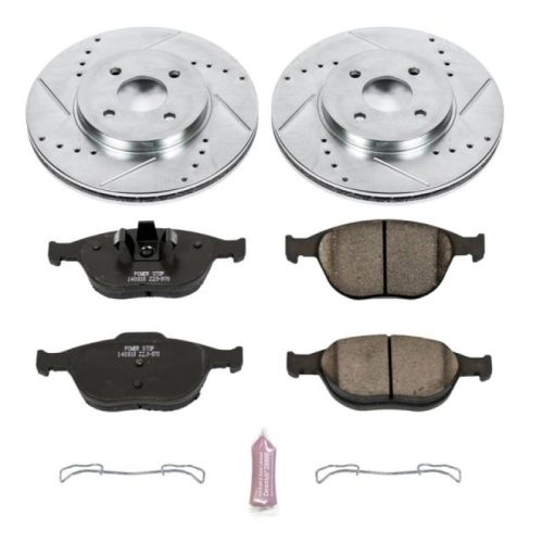 2002-2004 Ford Focus Front Z23 Evolution Sport Brake Upgrade Kit - Drilled & Slotted Rotors with Carbon-Fiber Ceramic Pads - Premium Replacement