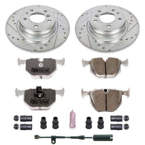 1995-2001 BMW 740iL & 740i Rear Z26 Street Warrior Brake Upgrade Kit - Heavy Duty Drilled & Slotted Rotors with Carbon-Fiber Ceramic Pads, Hardware, and Sensors - Premium Replacement
