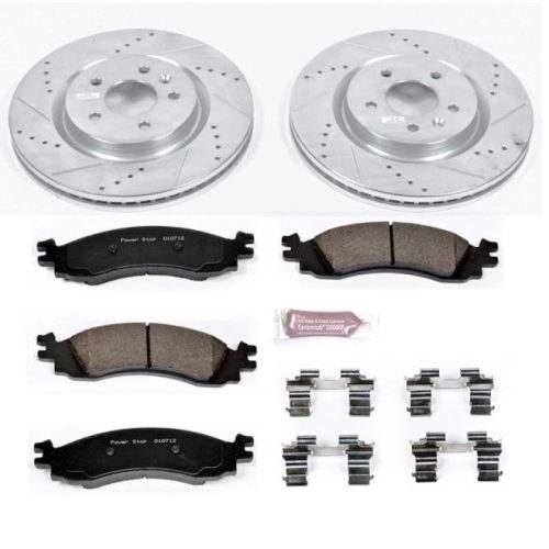 2011-2012 Ford Taurus Front Z23 Evolution Sport Brake Kit - Heavy-Duty Drilled & Slotted Rotor and Carbon-Fiber Ceramic Brake Pad Upgrade - Premium Replacement