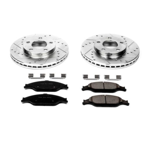 2000-2004 Ford Mustang Front Heavy-Duty Drilled & Slotted Brake Rotor and Carbon-Fiber Ceramic Brake Pad Upgrade - Premium Replacement