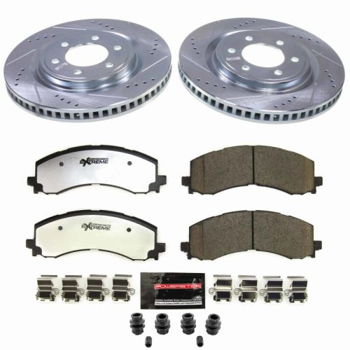 2022-2023 Ford F-150 Lightning Front PowerStop Z36 Truck & Tow Brake Upgrade Kit - Heavy-Duty Drilled & Slotted Rotors with Carbon-Fiber Ceramic Pads for Towing and Off-Road Performance