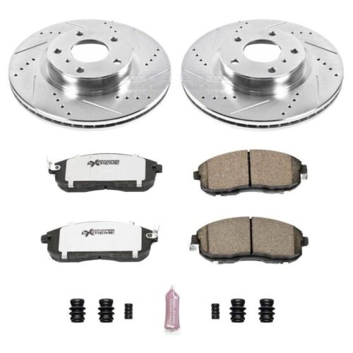 2003-2005 Infiniti G35 & Nissan 350Z Front Z26 Street Warrior Brake Upgrade Kit - Heavy Duty Drilled & Slotted Rotors with Carbon-Fiber Ceramic Pads - Premium Replacement