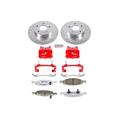 2001-2002 Jeep Grand Cherokee Front Brake Upgrade Kit with Drilled & Slotted Rotors, Carbon-Fiber Ceramic Pads, Powder Coated Calipers - Premium Replacement