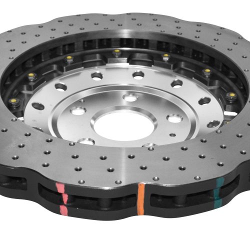 DBA 5000 Series Drilled Front Brake Rotor for Audi RS-3 2015+ - High-Performance Two-Piece Replacement Rotor with Aluminum Hat and High Carbon Iron Ring
