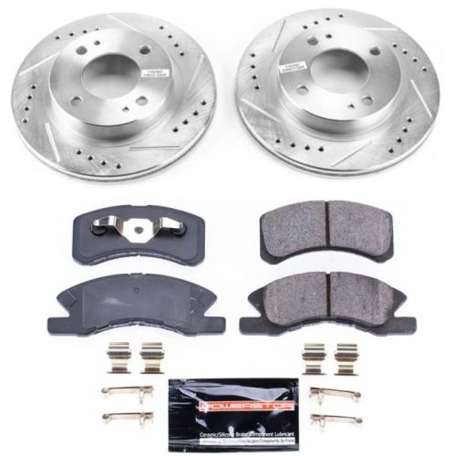 2014-2015 Mitsubishi Mirage Front PowerStop Z23 Evolution Sport Brake Kit - Heavy-Duty Drilled & Slotted Rotor and Carbon-Fiber Ceramic Brake Pads for Towing & Daily Use - Premium Replacement