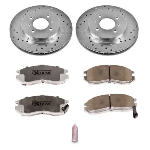 2001-2002 Mitsubishi Mirage Front Z26 Street Warrior Brake Kit - Heavy-Duty Drilled & Slotted Rotors with Carbon-Fiber Ceramic Pads - Premium Replacement