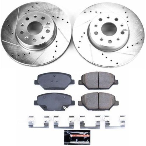 2016-2021 Chevrolet Camaro Front Z23 Evolution Sport Brake Upgrade Kit - Drilled & Slotted Rotors with Carbon-Fiber Ceramic Pads for Heavy-Duty Performance and Towing Reliability