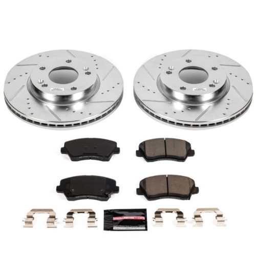 2016-2018 Hyundai Veloster & 2017-2018 Kia Forte Front Z23 Evolution Sport Brake Upgrade Kit - Heavy-Duty Drilled & Slotted Rotors with Carbon-Fiber Ceramic Brake Pads - Premium Replacement