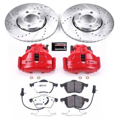 2000-2005 Volkswagen Passat Front Z26 Street Warrior Brake Upgrade Kit with Drilled & Slotted Rotors, Carbon-Fiber Ceramic Pads, Powder Coated Calipers - Premium Replacement